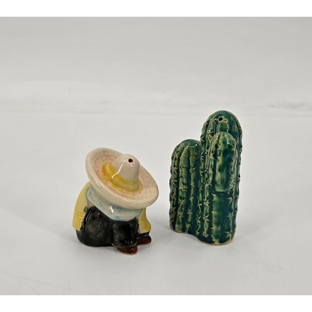 Vintage Figural Salt & Pepper Shakers Sombrero Man & Cactus MCM Southwest Kitsch